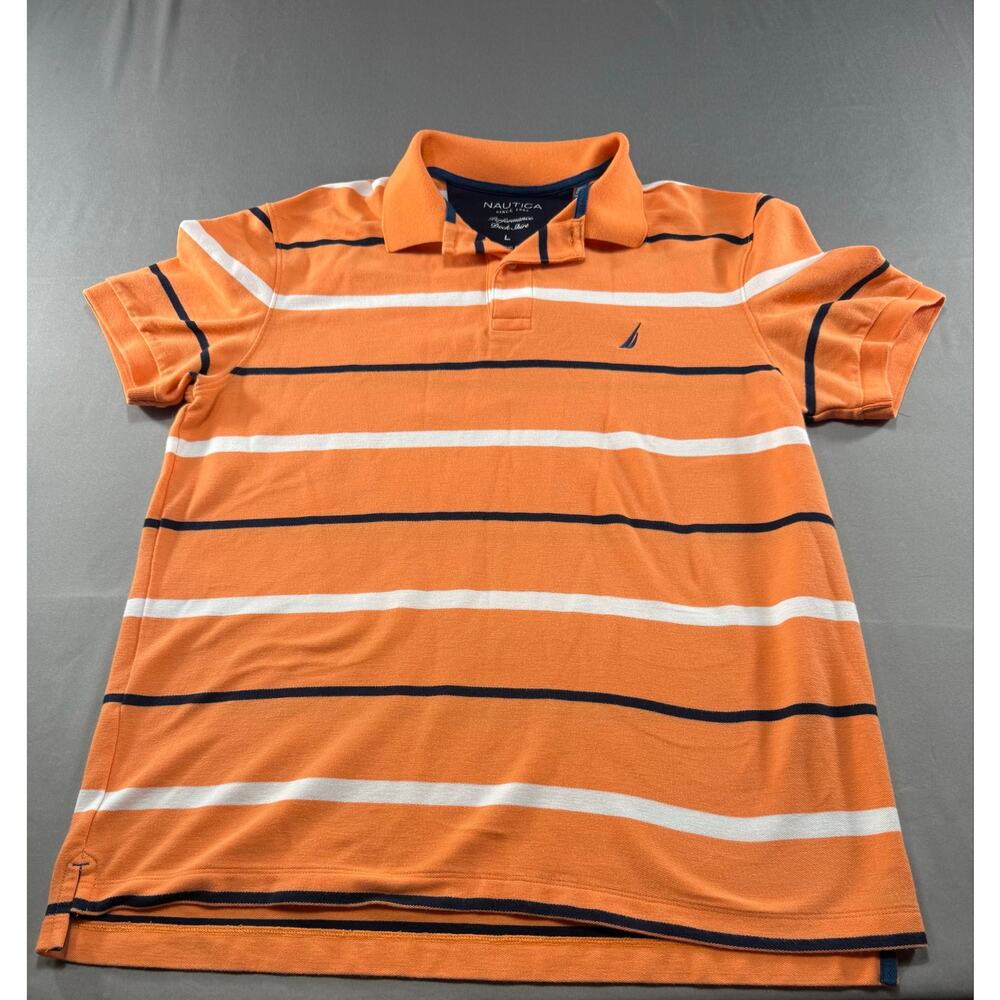 Nautica Performance Deck Shirt Men’s Large Orange Striped Polo Short Sleeve